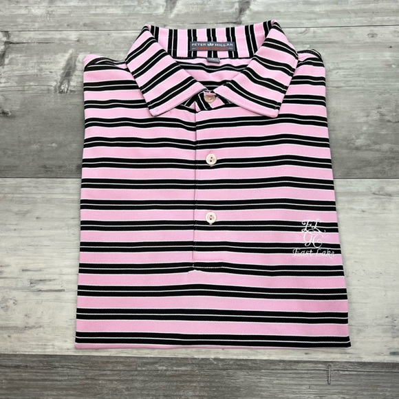 Peter Millar Pink w/ Black & White Stripe Golf Polo Shirt M - Picture 1 of 4